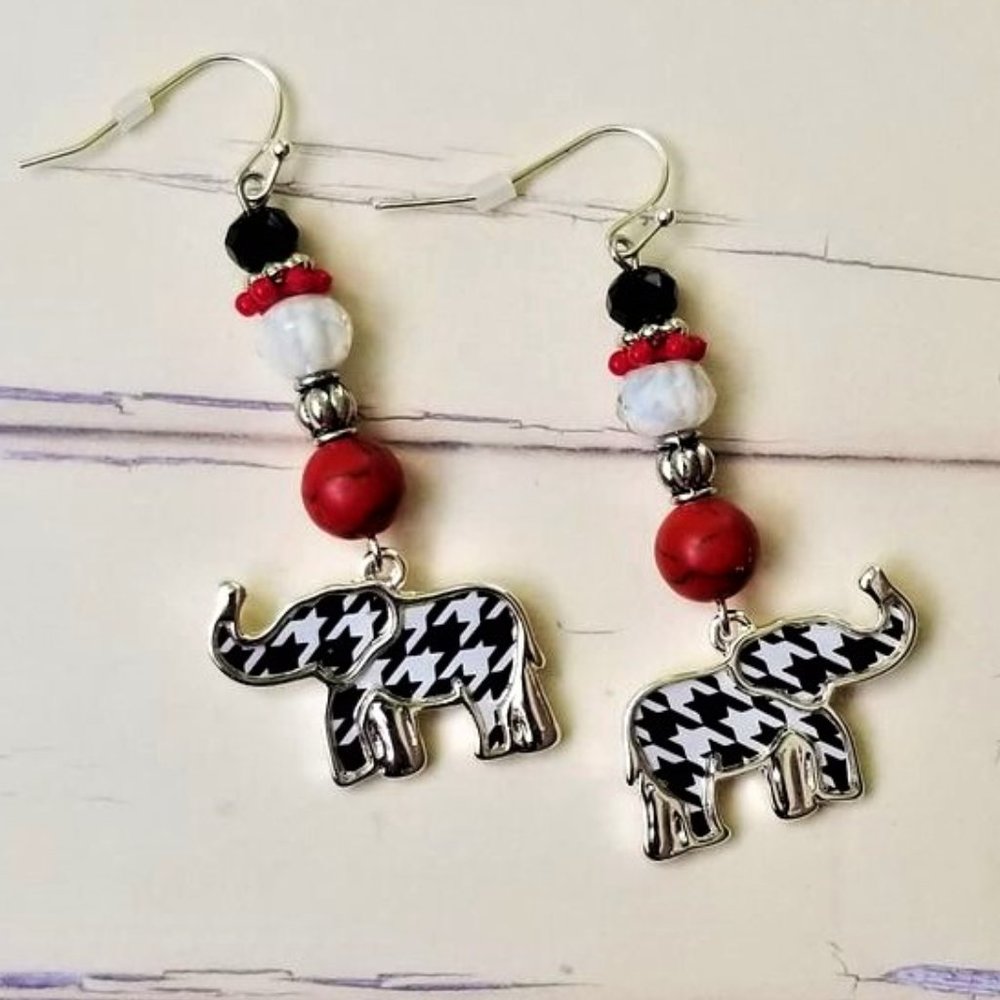 Artisan Hand Crafted Earrings Elephant Houndstooth Crimson Red White Black